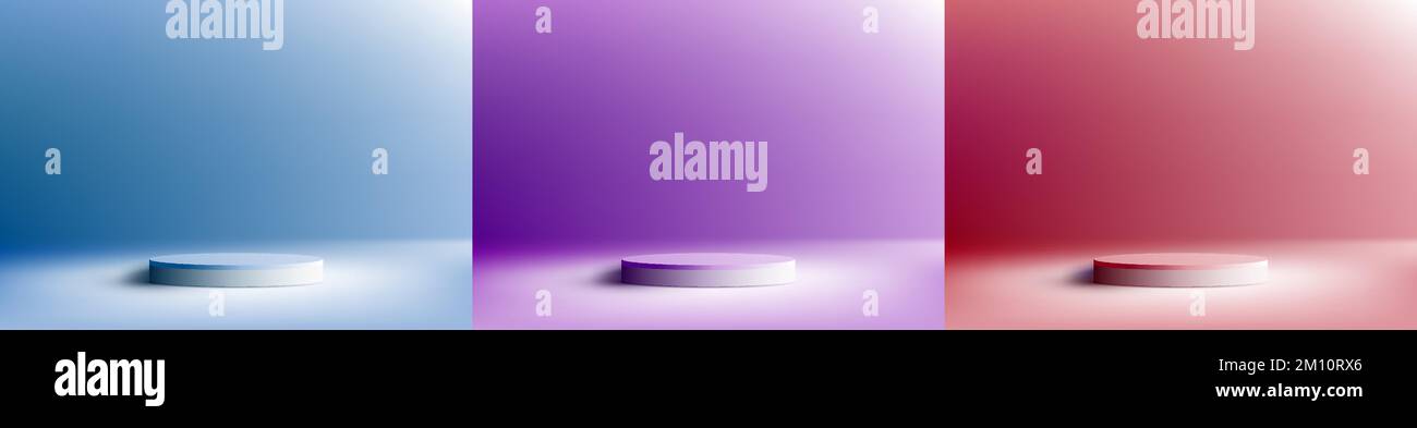 Set mit 3D realistisch-weißen Podium-Standfuß auf blauem, violettem, rotem Hintergrund mit natürlicher Beleuchtung. Sie können für die Produktpräsentation verwenden, CO Stock Vektor