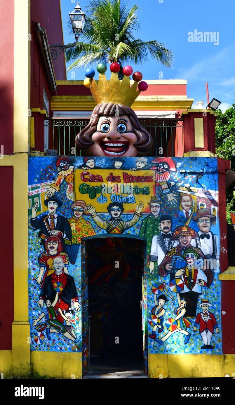 Botschaft der Riesenpuppen, Ausstellung der traditionellen Bonecos Gigantes, Olinda, Pernambuco, Brasilien Stockfoto