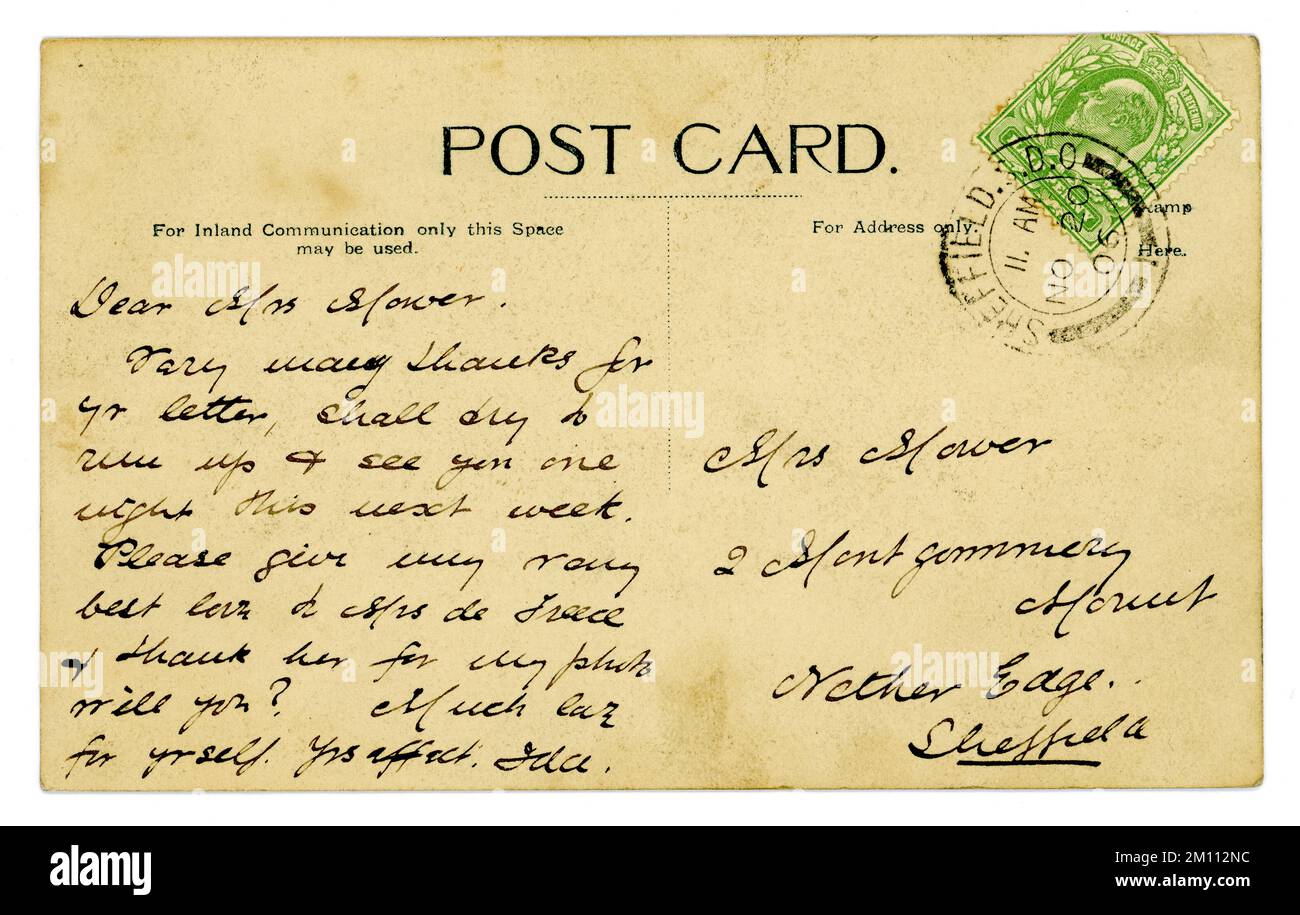 Rückseite der ursprünglichen Postkarte aus der Zeit der Edwardianer (grüner, halber Penny King Edward VII Stempel) vom/abgeschickt am 20. November 1906, Sheffield, England, Großbritannien Stockfoto