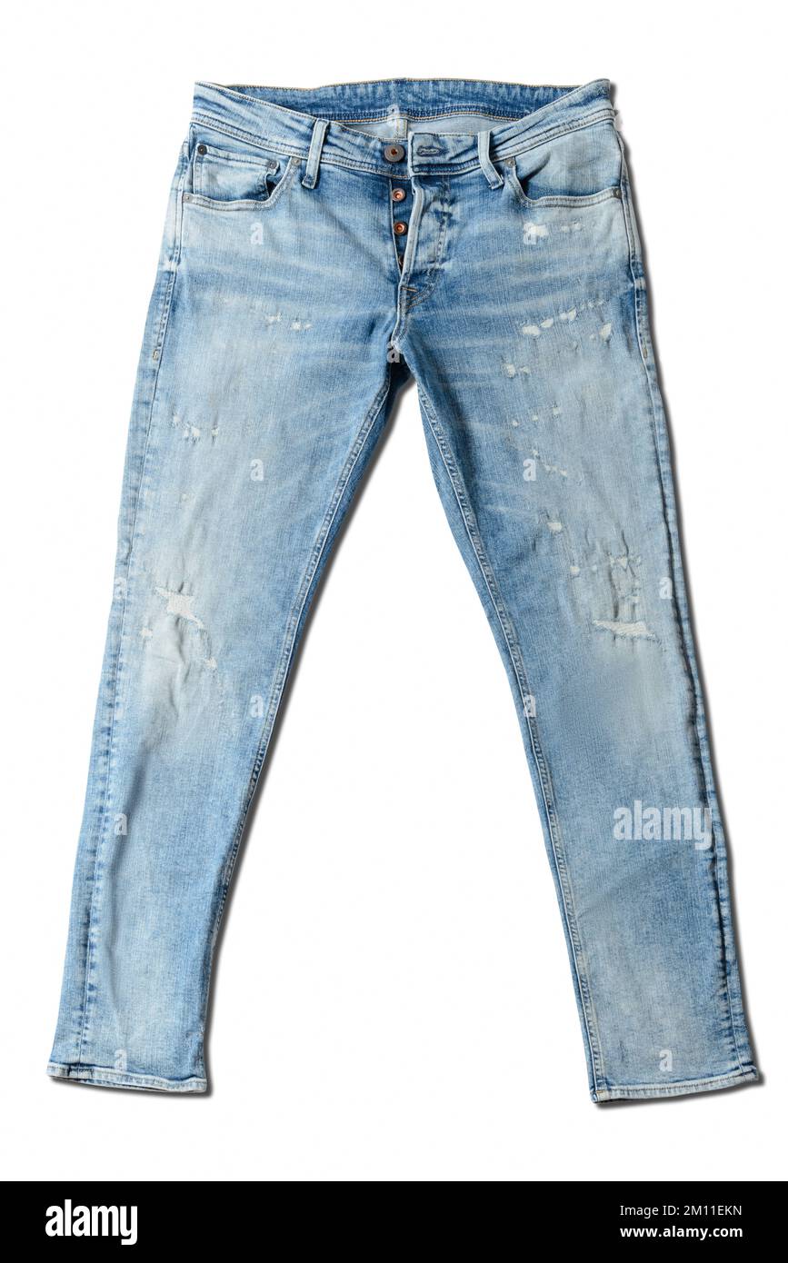 Zerrissene Jeans auf weißem Hintergrund. Stockfoto