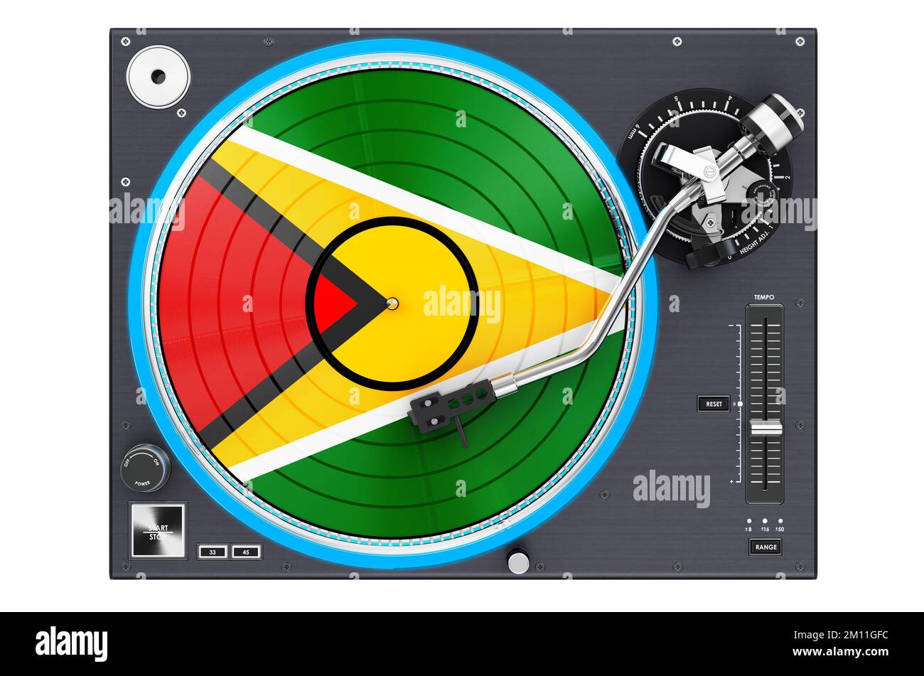 Plattenspieler mit guyanischer Flagge, 3D-Rendering isoliert auf weißem Hintergrund Stockfoto
