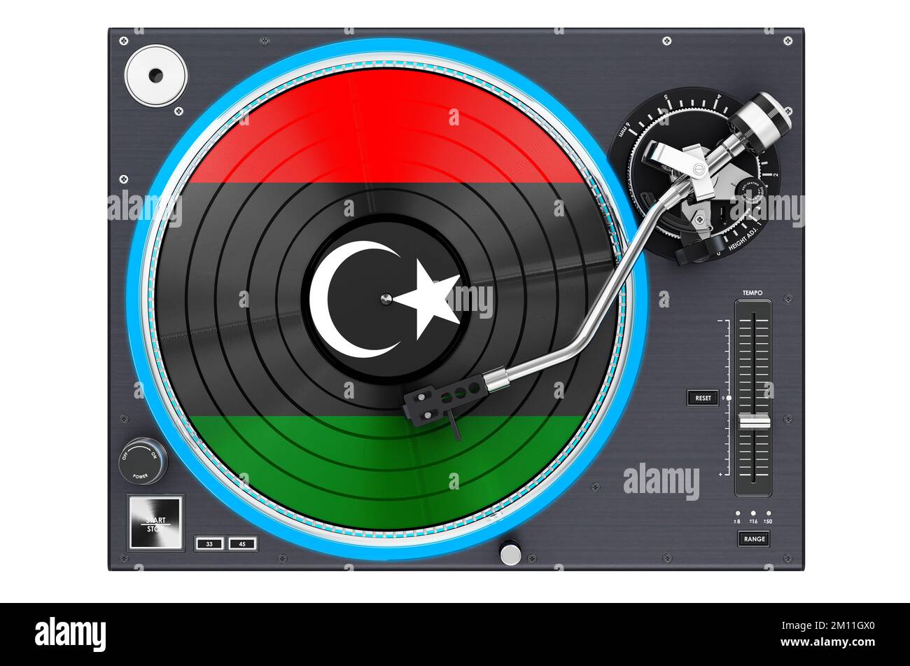 Plattenspieler mit libyscher Flagge, 3D-Rendering isoliert auf weißem Hintergrund Stockfoto
