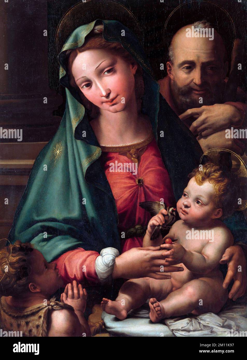 Die Heilige Familie mit dem Säuglingsheiligen Johannes dem Täufer vom Maler der späten Renaissance, Perino del Vaga (1501-1547), Öl auf der Platte, c. 1534-26 Stockfoto