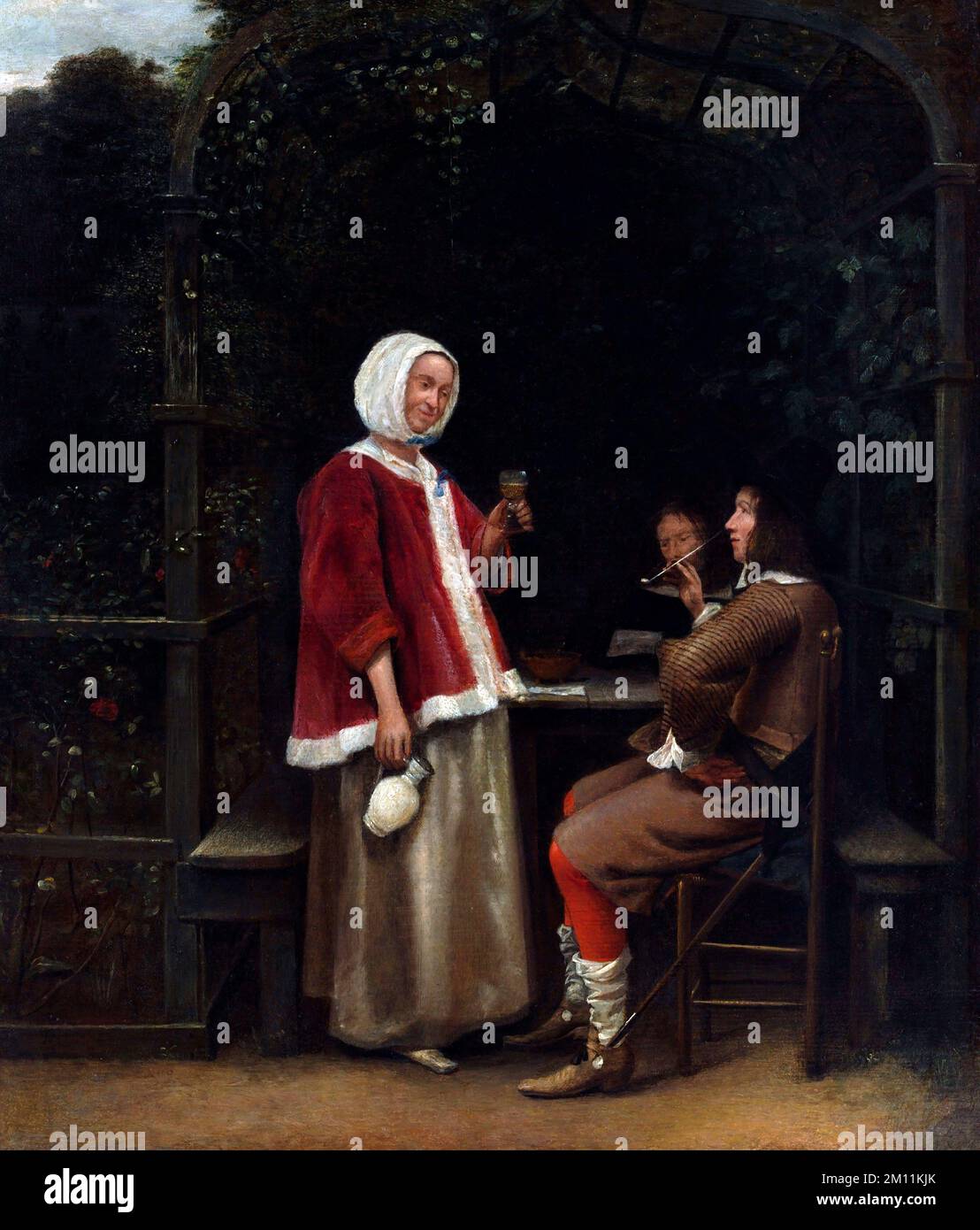 Pieter de Hooch. Gemälde mit dem Titel "A Woman and Two Men in an Arbor" des niederländischen Malers aus dem Goldenen Zeitalter, Pieter de Hooch (1629-1684), Öl auf Holz, c. 1657/8 Stockfoto