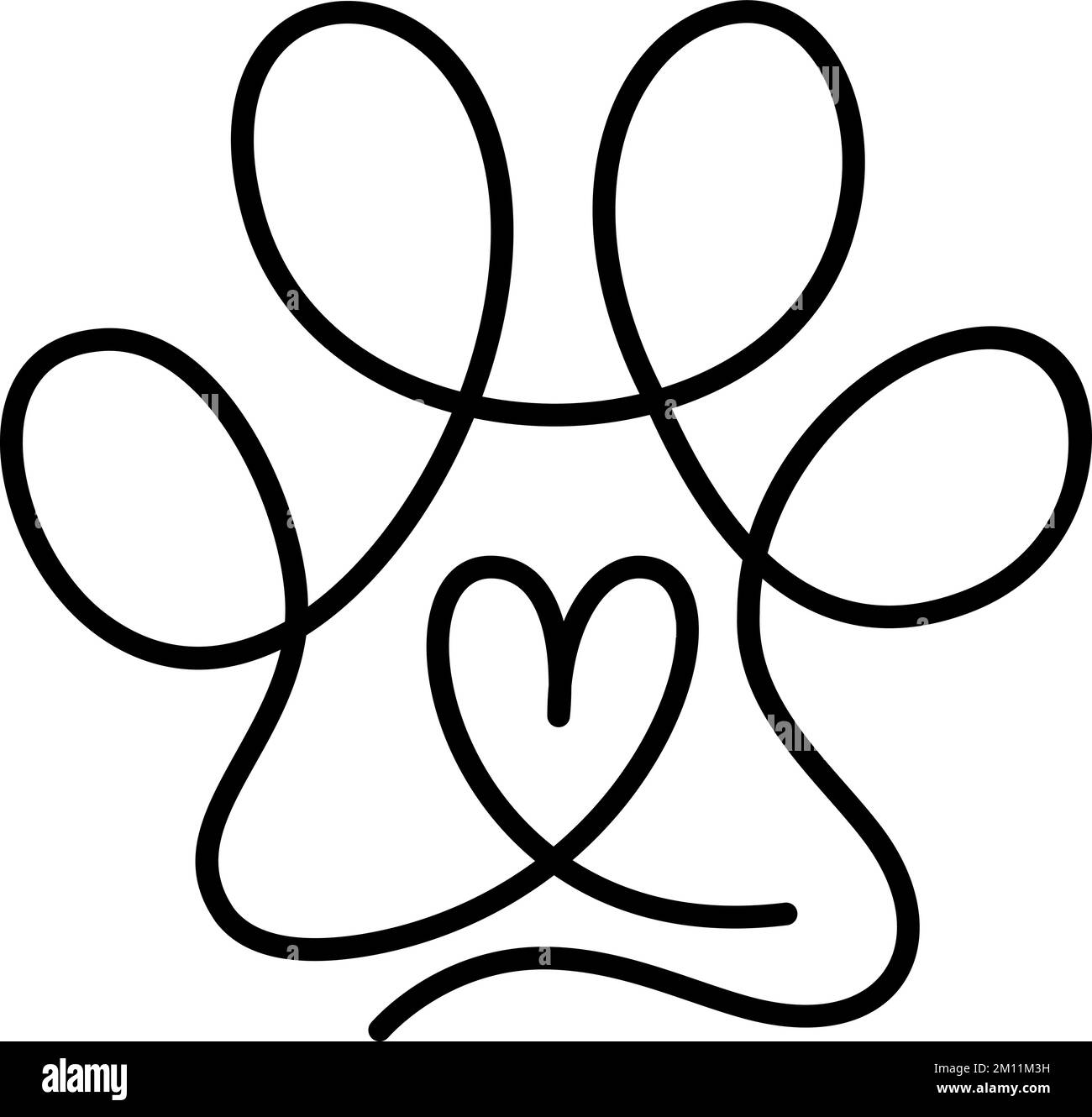 Herz mit Katzen- oder Hundepfote Katzenabdruck in durchgehender einzeiliger Zeichnung des Logos. Minimale Strichgrafiken. Tier im Herzen. Haustier-Liebes-Konzept Monoline Stock Vektor