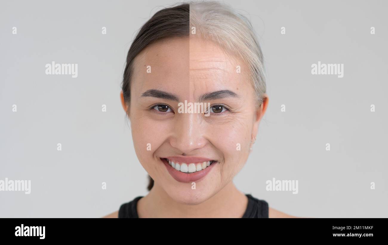 Zwei Hälften einer lächelnden jungen und alten Asiatin. Schönheitskonzept vorher und nachher. Stockfoto