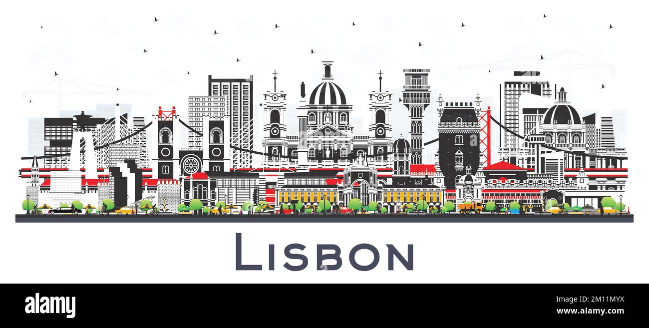 Die Skyline von Lissabon, Portugal, mit farbigen Gebäuden isoliert auf Weiß. Vektordarstellung. Lissabons Stadtbild mit Wahrzeichen. Geschäftsreisen und Tourismus Stock Vektor