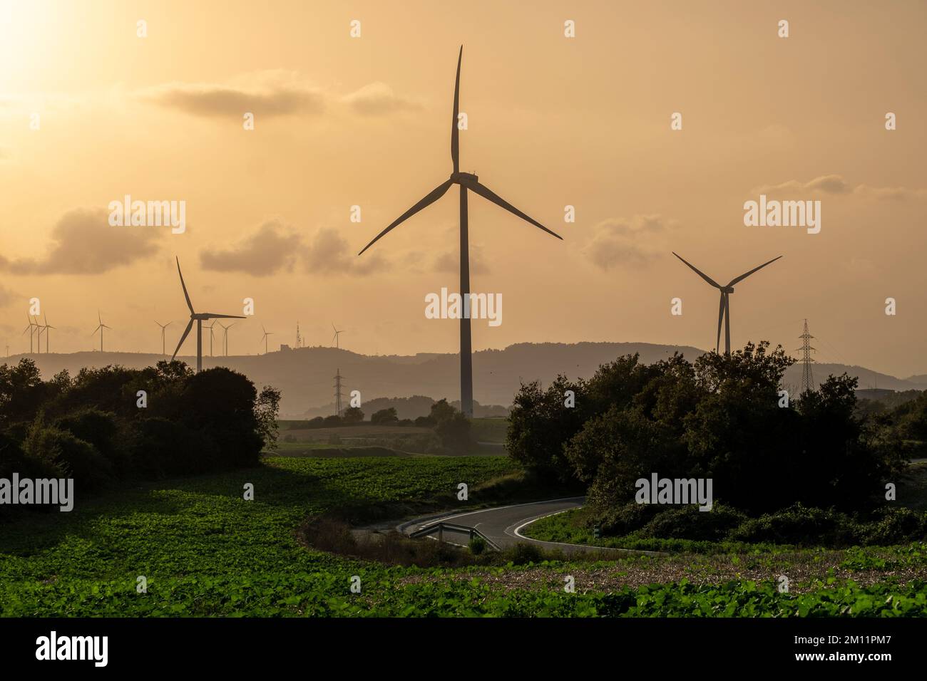 Straße auf landwirtschaftlichen Feldern mit Windkraftanlagen zur Erzeugung sauberer Elektrizität in Katalonien Spanien Stockfoto
