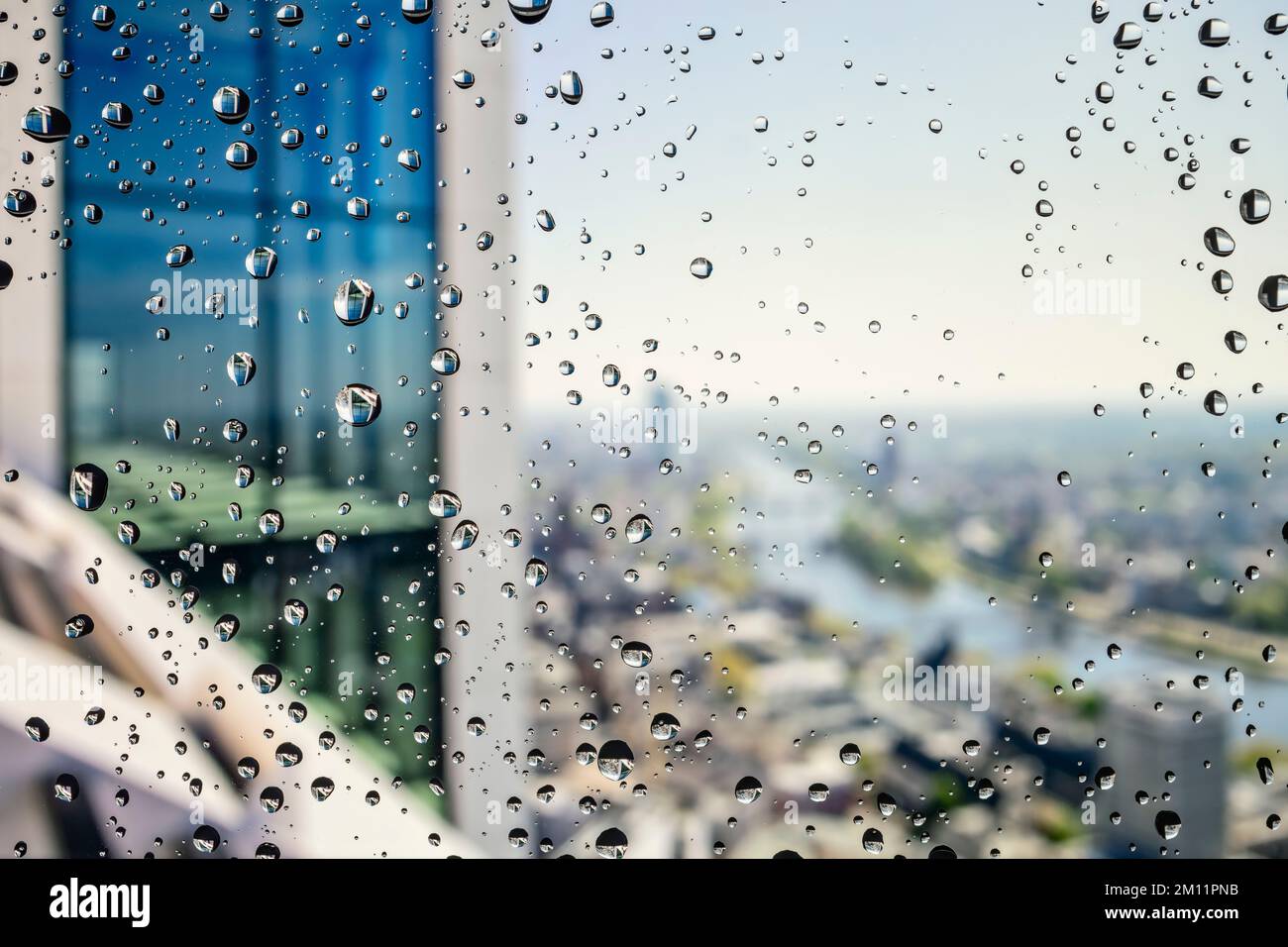 Blick vom Taunusturm in Frankfurt auf den Main mit Regentropfen auf einer Fensterscheibe [M]. Stockfoto