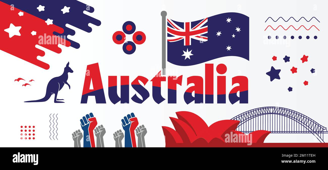 Banner für den Nationaltag Australien für den Unabhängigkeitstag 26. Januar. Australische Flagge, Wahrzeichen, erhöhte Fäuste und geometrisches Hintergrunddesign in Rot-Blau. Stock Vektor