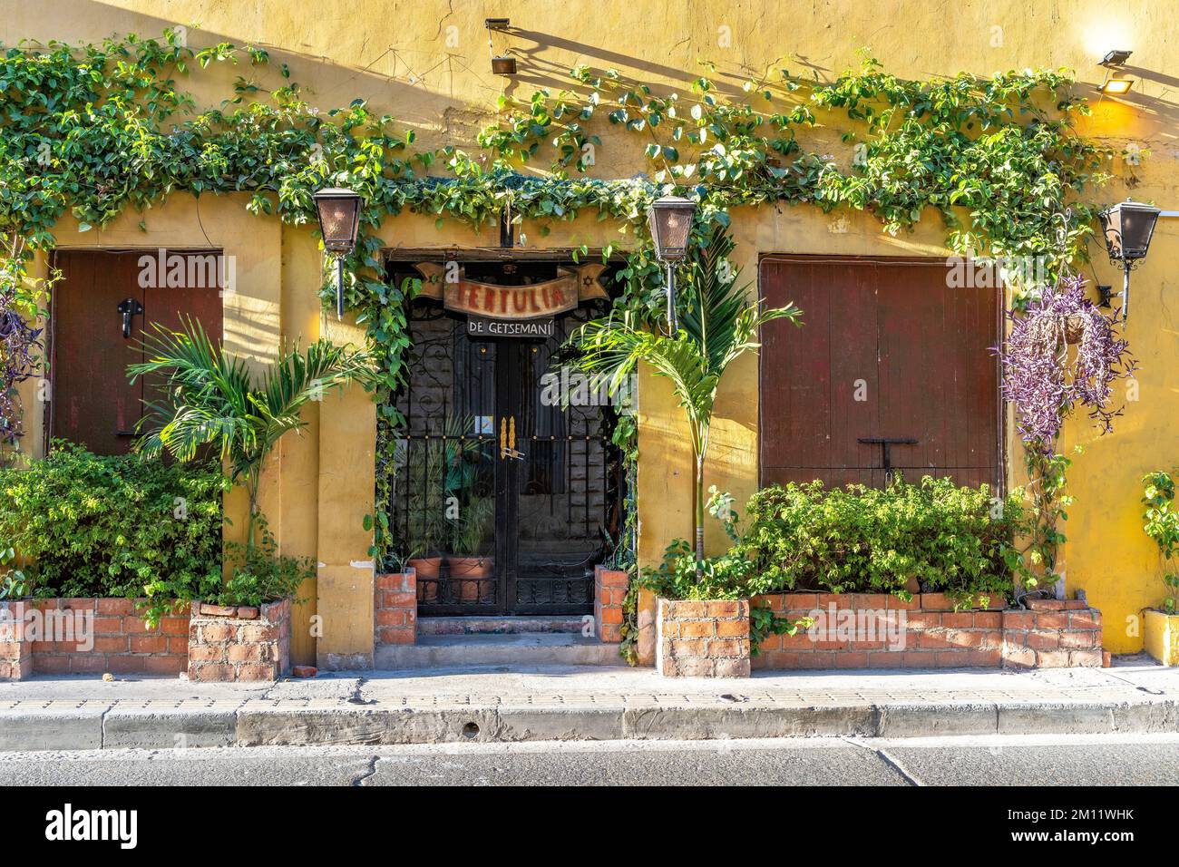 Südamerika, Kolumbien, Departamento de Bolívar, Cartagena de Indias, Barrio Getsemaní, Gelbe Fassade in Cartagena de Indias Stockfoto