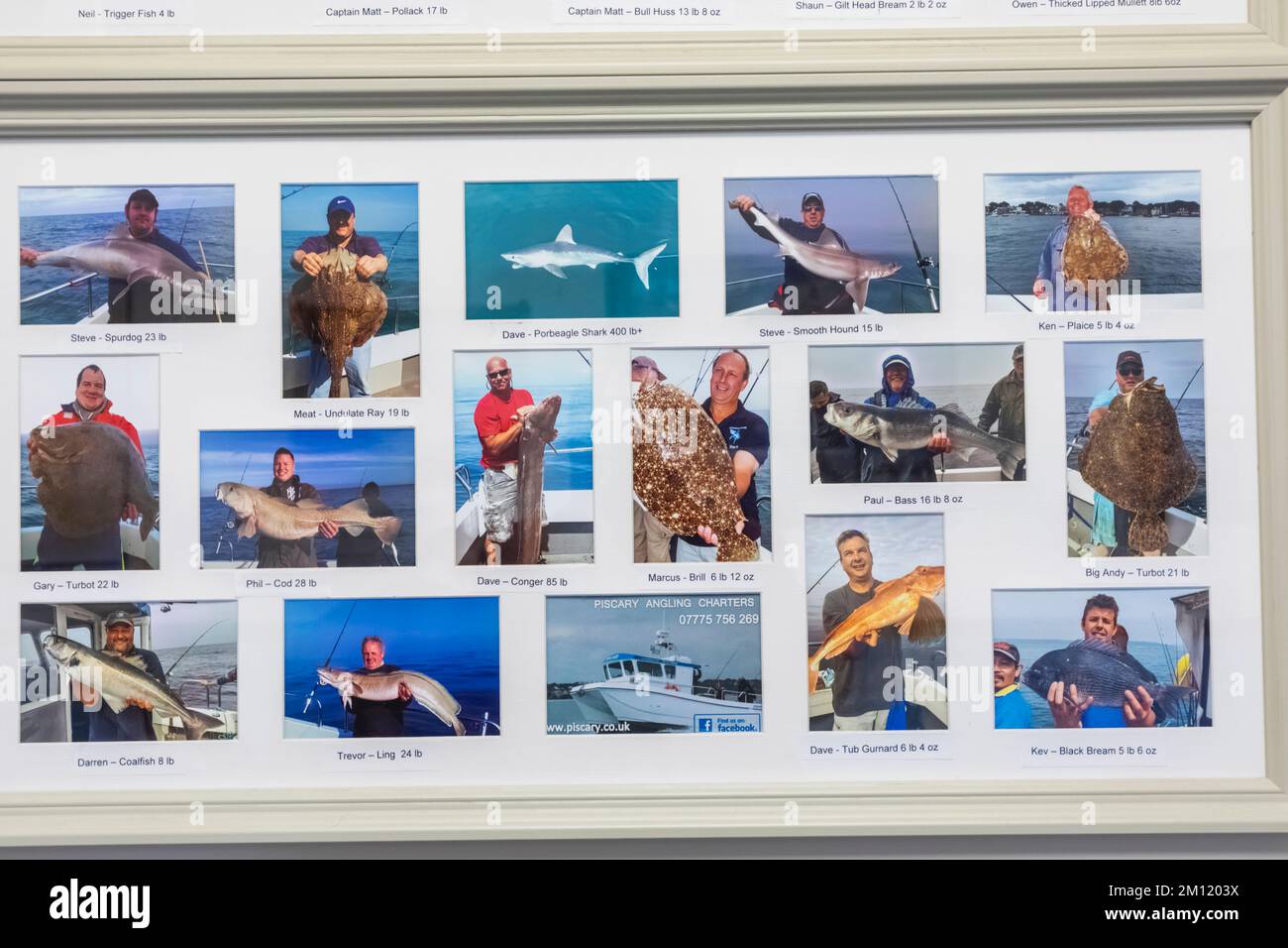 England, Dorset, Poole, Poole Harbour, Fishermen's Café, Wandtafel mit Fotos von Fischern mit Rekordfängen Stockfoto