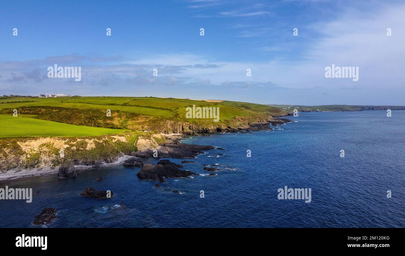 Grüne Hügel am Atlantik an einem sonnigen Frühlingstag. Blauer Himmel über der Küste. Die Küste Irlands, West Cork. Stockfoto