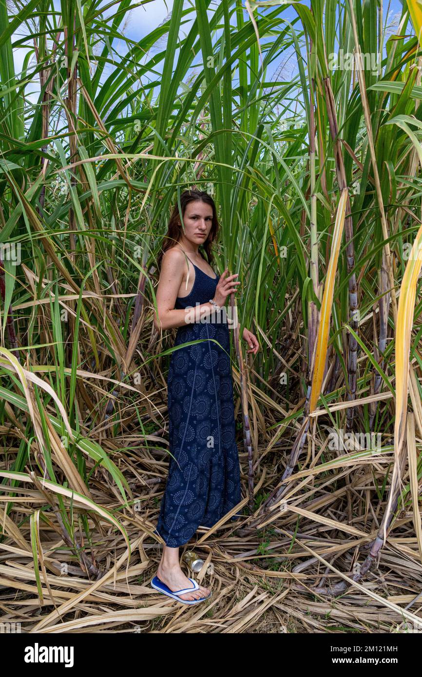 Junge Dame posiert vor Zuckerrohrpflanzen, Mauritius, Afrika Stockfoto