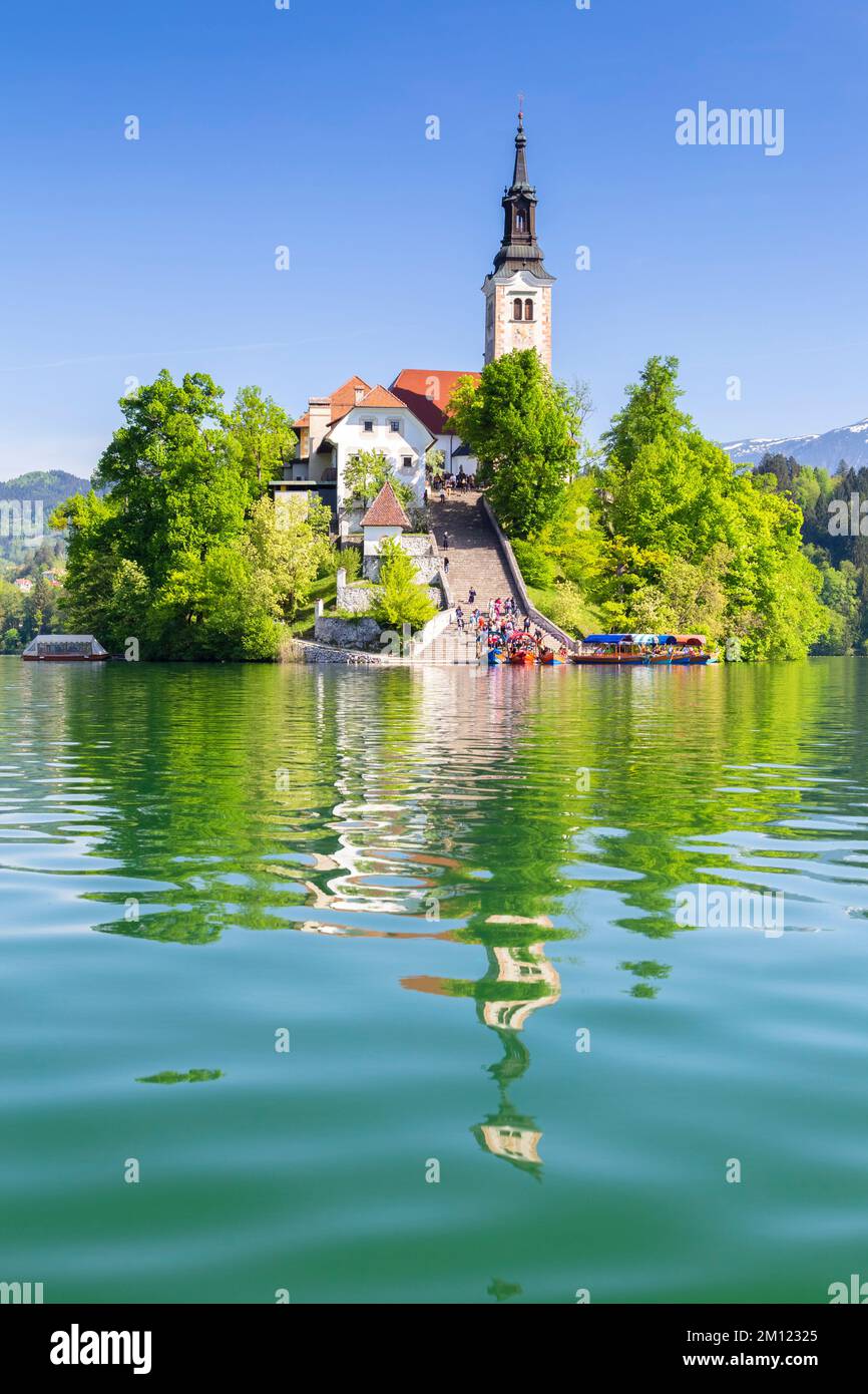 Blick auf die Bled Kirche und die Insel am Bleder See. Bled, Oberkarniola, Slowenien. Stockfoto