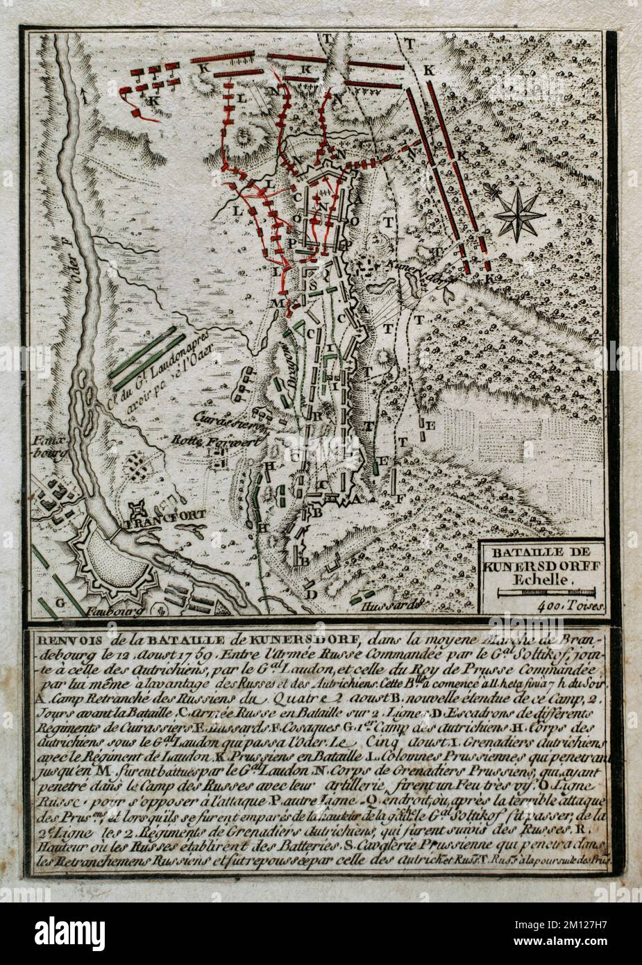 7 Jahre Krieg (1756-1763). Die Schlacht von Kunersdorf (12.. August 1759) (Kunowice heute) Sie fand in Neumark statt, in der Nähe der Stadt Kunersdorf (jetzt Kunowice). Eine preußische Armee, angeführt von Friedrich dem Großen, wurde gegen eine alliierte Armee russisch-österreichischer Streitkräfte ausgespielt. General Saltykov befehligte das russische Kontingent und General Loudon führte die Österreicher an. Die Preußen wurden besiegt. Veröffentlicht im Jahr 1765 vom Kartografen Jean de Beaurain (1696-1771) als Illustration seiner Großen Karte Deutschlands mit den Ereignissen, die während des Siebenjährigen Krieges stattfanden. Ätzen und Gravieren. Französische Ausgabe, 1 Stockfoto