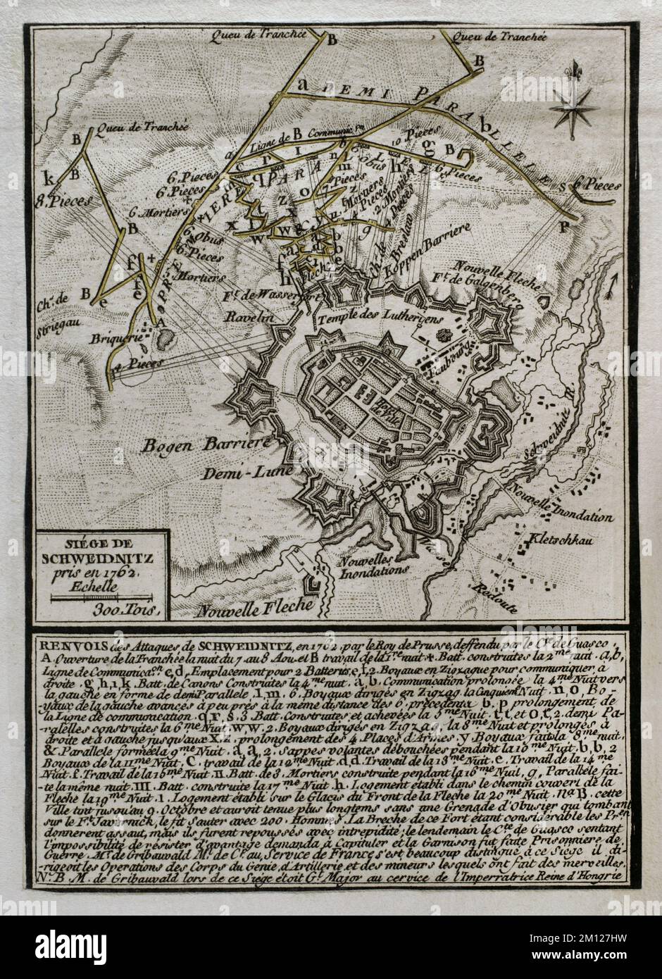 7 Jahre Krieg (1756-1763). Dritter Schlesischer Krieg. Belagerung Schweidnitz (7. August bis 9. Oktober 1762). Die preußische Armee von Friedrich dem Großen belagerte die Stadt, deren Festung von der österreichischen Garnison unter General Franz Guasco verteidigt wurde. Am 8. Oktober explodierte eine preußische Mine unter der Stadt das Pulvermagazin. Am nächsten Tag kapitulierte sich die Stadt. Am nächsten Tag kapitulierte die Stadt. Veröffentlicht im Jahr 1765 vom Kartografen Jean de Beaurain (1696-1771) als Illustration seiner Großen Karte Deutschlands mit den Ereignissen, die während des Siebenjährigen Krieges stattfanden. Ätzen und Gravieren. Französisch e Stockfoto