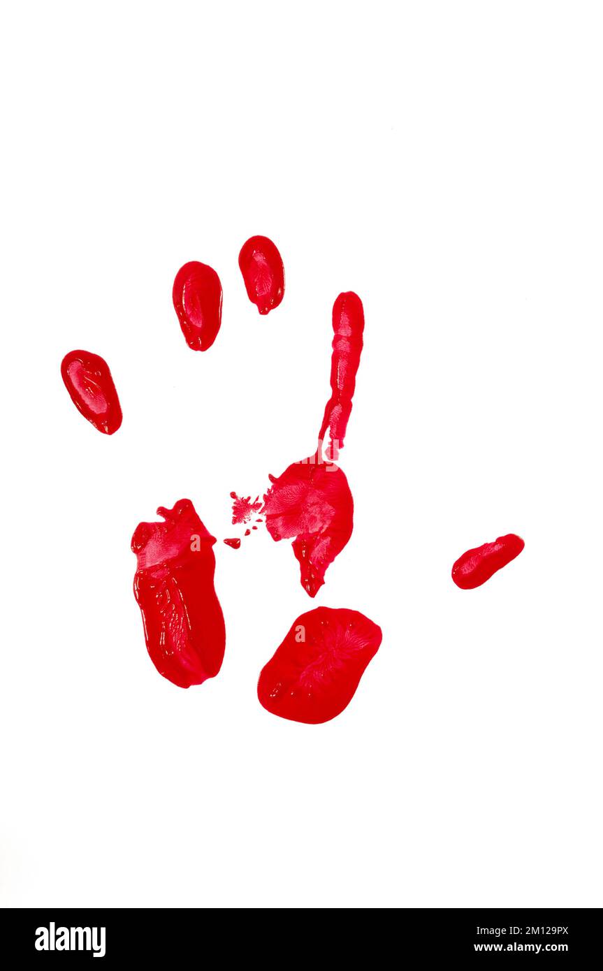Ein Handabdruck mit roter Farbe auf weißem Hintergrund Stockfotografie -  Alamy