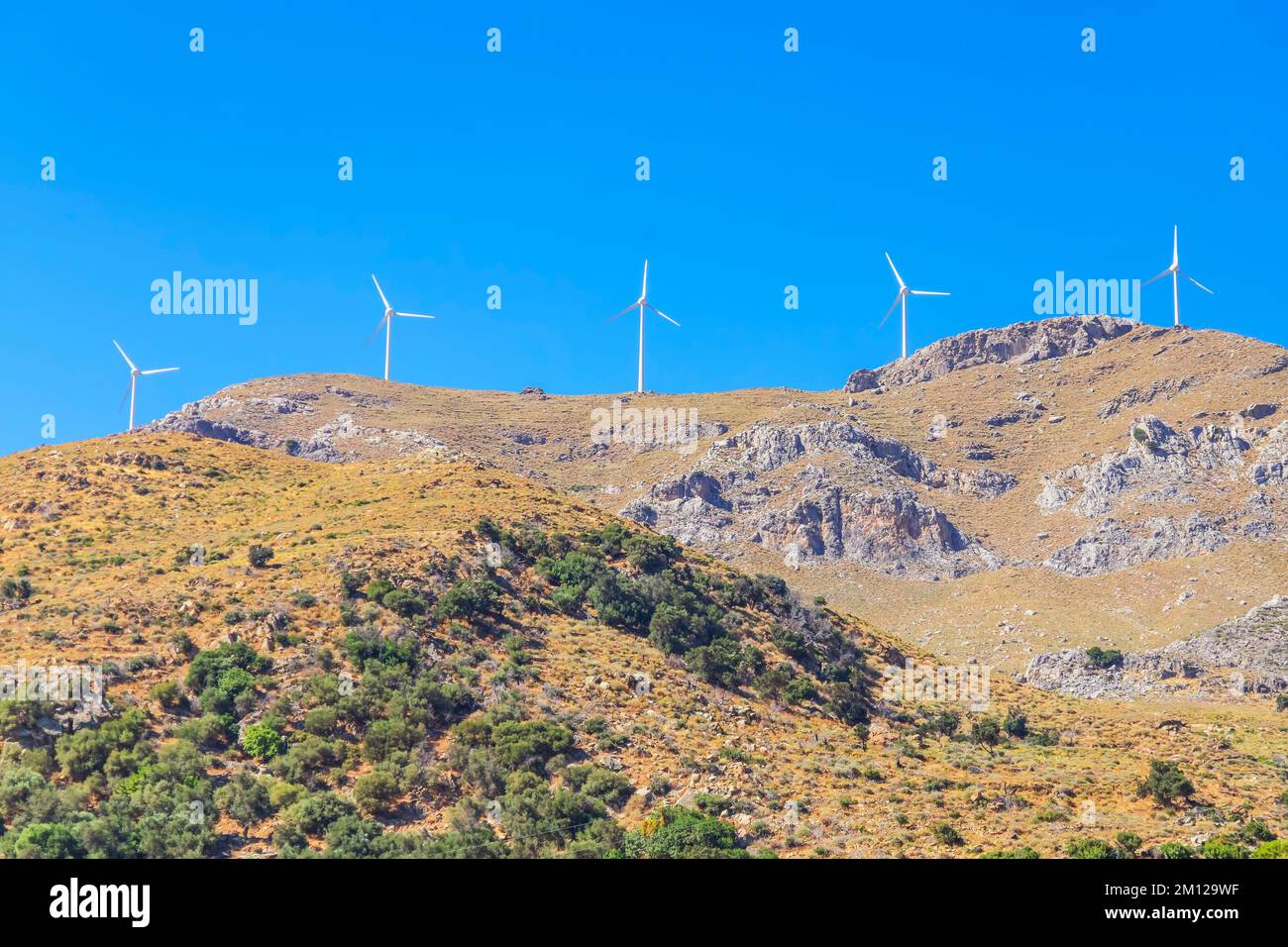 Windturbinen zur Stromerzeugung, Kerames, Rethymno, Südkreta, Kreta, Griechische Inseln, Griechenland Stockfoto