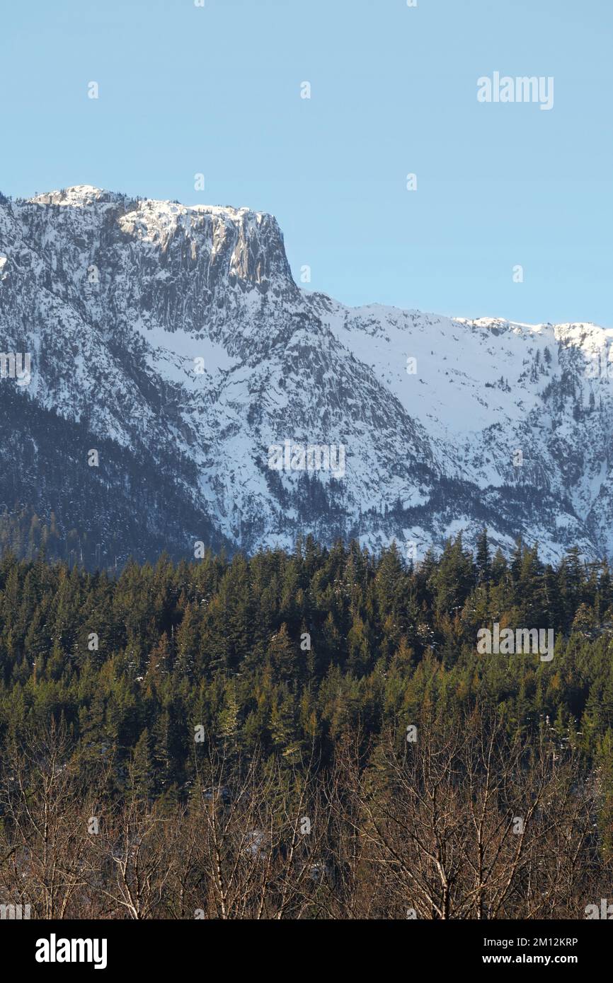 Die schneebedeckte Tantalus Bergkette vom Eagle Run Deich in Brackendale, Squamish, British Columbia, Kanada Stockfoto