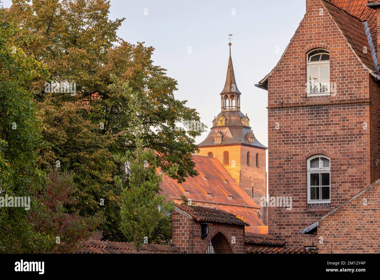 Blick vom Rathaus auf den Turm der St. Michaeliskirche in der historischen Altstadt von Lüneburg Stockfoto