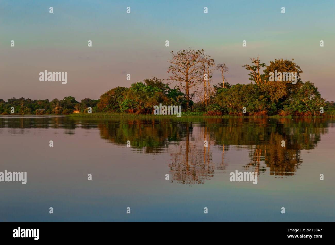 Spiegeln Sie Reflexionen auf dem Wasser von Rio Amazonas in Brasilien bei Sonnenuntergang während eines Kanufahrts mitten im Regenwald Stockfoto