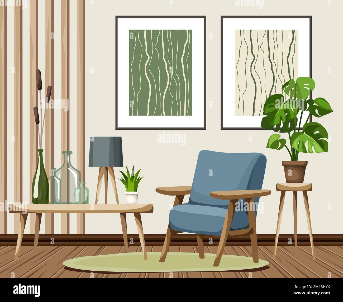 Wohnzimmereinrichtung mit Sessel, Holzlatten, abstrakten Gemälden und einer Monstera-Pflanze. Modernes Innendesign. Cartoon-Vektordarstellung Stock Vektor