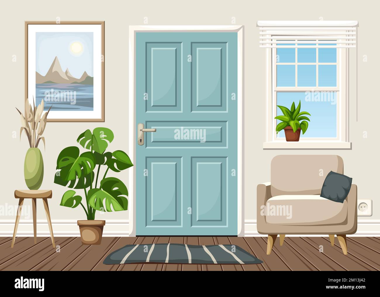 Gemütliches Innendesign der Eingangshalle mit einer blauen Tür, einem Fenster, einem Sessel und einer Monstera-Pflanze. Cartoon-Vektordarstellung Stock Vektor