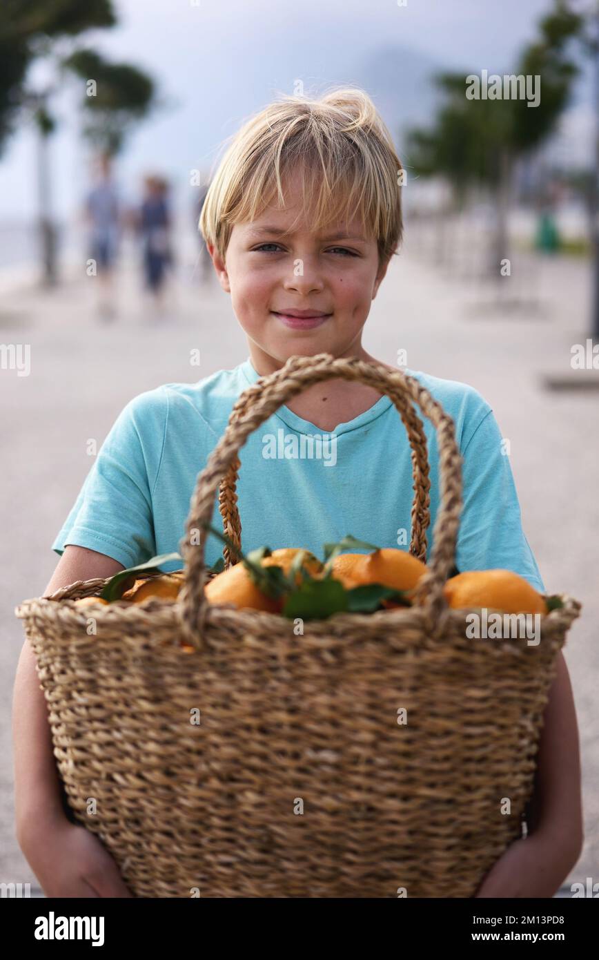 Süßer Weidenkorb mit frischen Orangenfrüchten Stockfoto