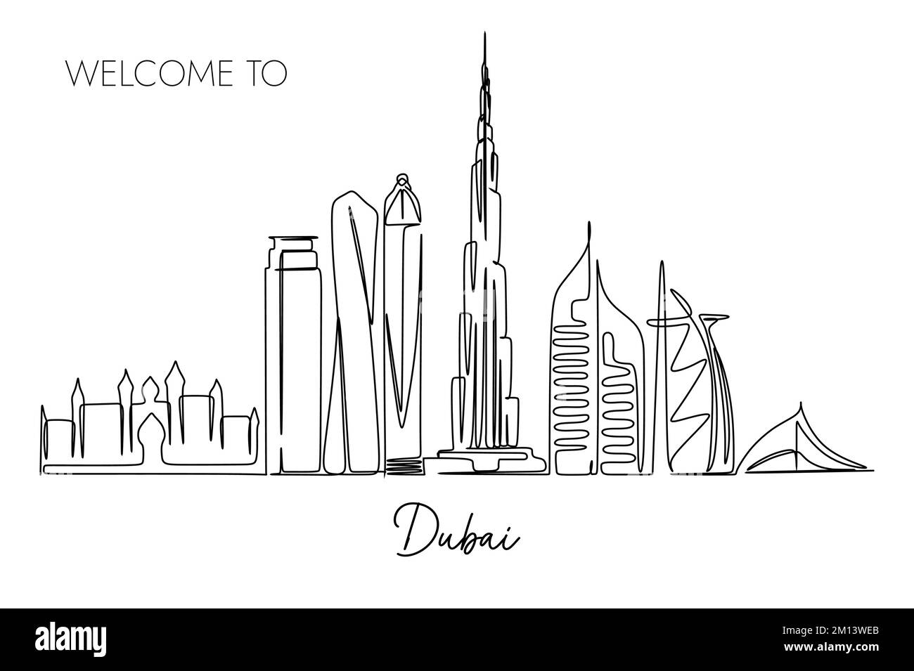 Eine durchgehende Linienzeichnung der Skyline von Dubai. Weltberühmtes Reiseziel. Einfaches handgezeichnetes Design für Reise- und Tourismusaktionen Stock Vektor
