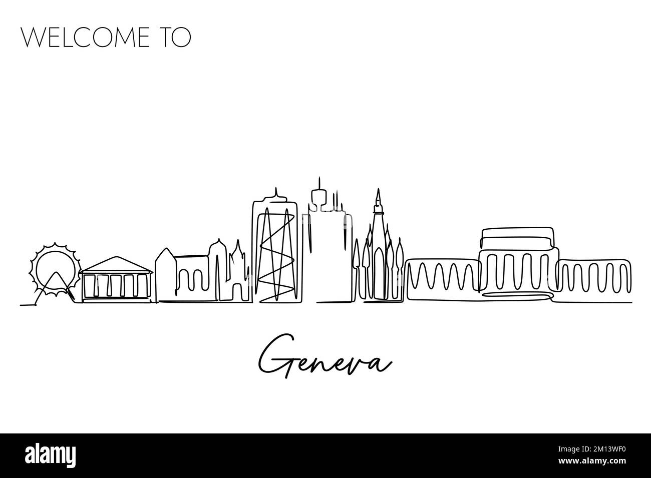 Eine durchgehende Linienzeichnung der Skyline der Stadt Genf, Schweiz. Weltberühmtes Reiseziel. Einfaches handgezeichnetes Design für Reisen und Touristen Stock Vektor