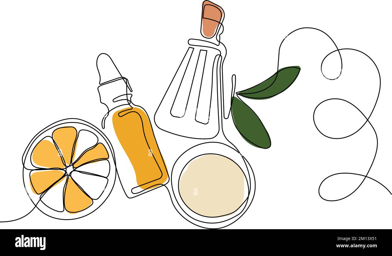 Kontinuierliches Zeichnen einer Reihe von Flaschen mit Öl oder Honig oder Zitronen- oder Limettensaft zum Schrubben und für die Körperpflege mit natürlichen pflanzlichen Hautpflegeprodukten, Draufsicht der Zutaten. Vektordarstellung Stock Vektor