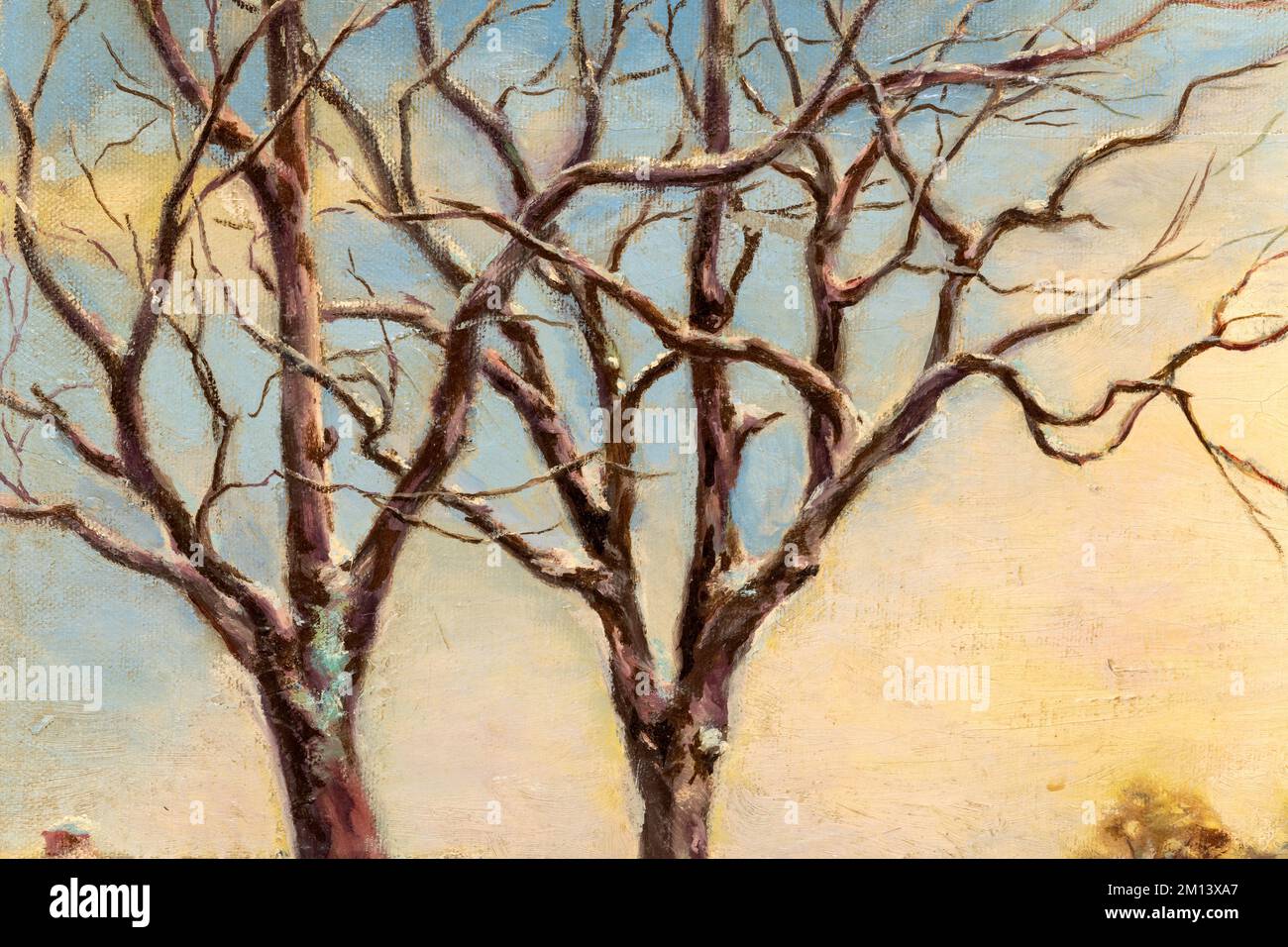 Detailansicht eines alten Ölgemäldes auf Leinwand, das im Winter eine Schneefläche zeigt. Abbildung der Weihnachtskarte. Stockfoto