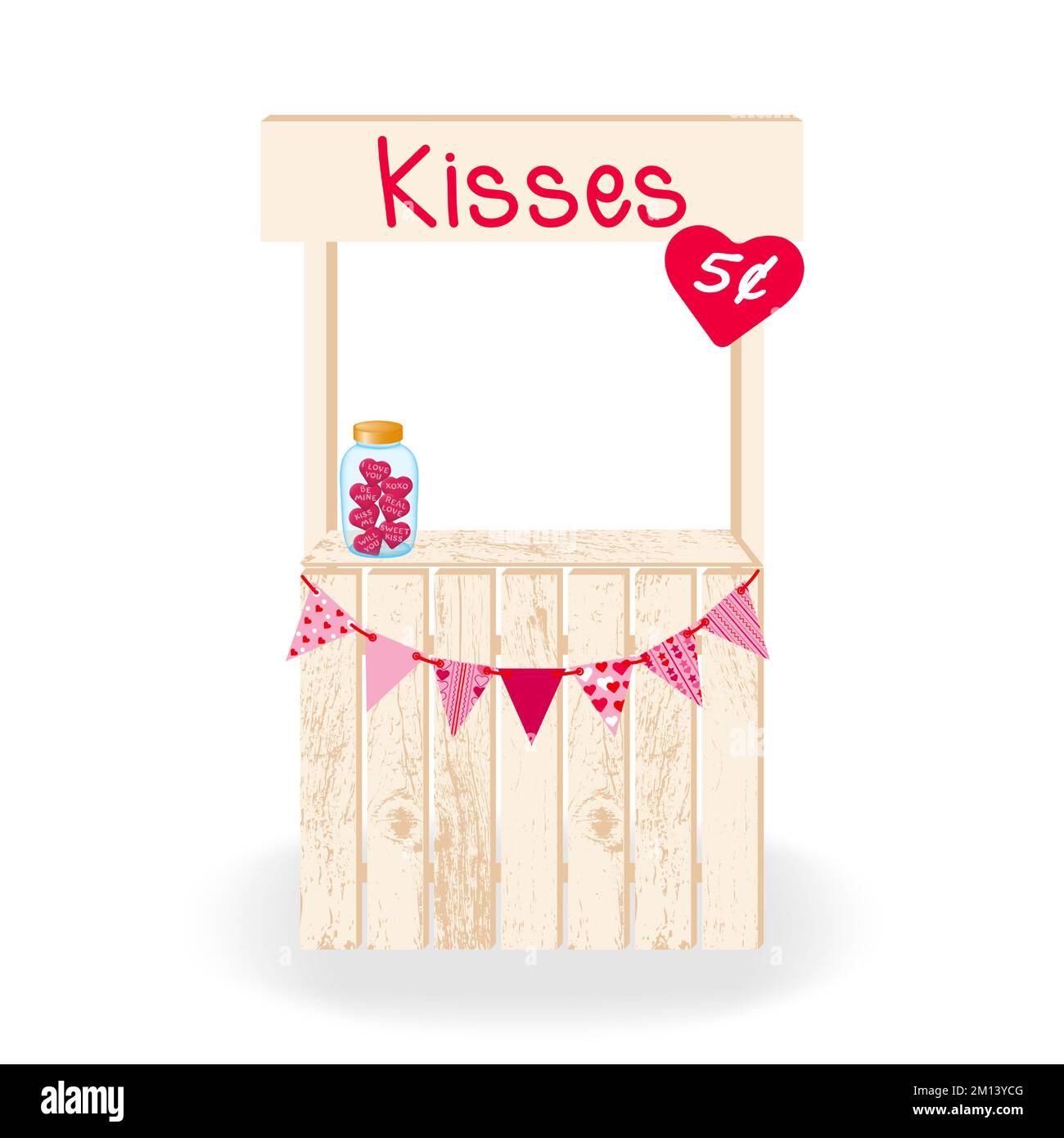 Dekorierter Kissing Booth, isoliert auf Weiß. Hölzerne Kussbude zum Valentinstag, zur Hochzeit oder zum Geburtstag. Vektordarstellung. Stock Vektor