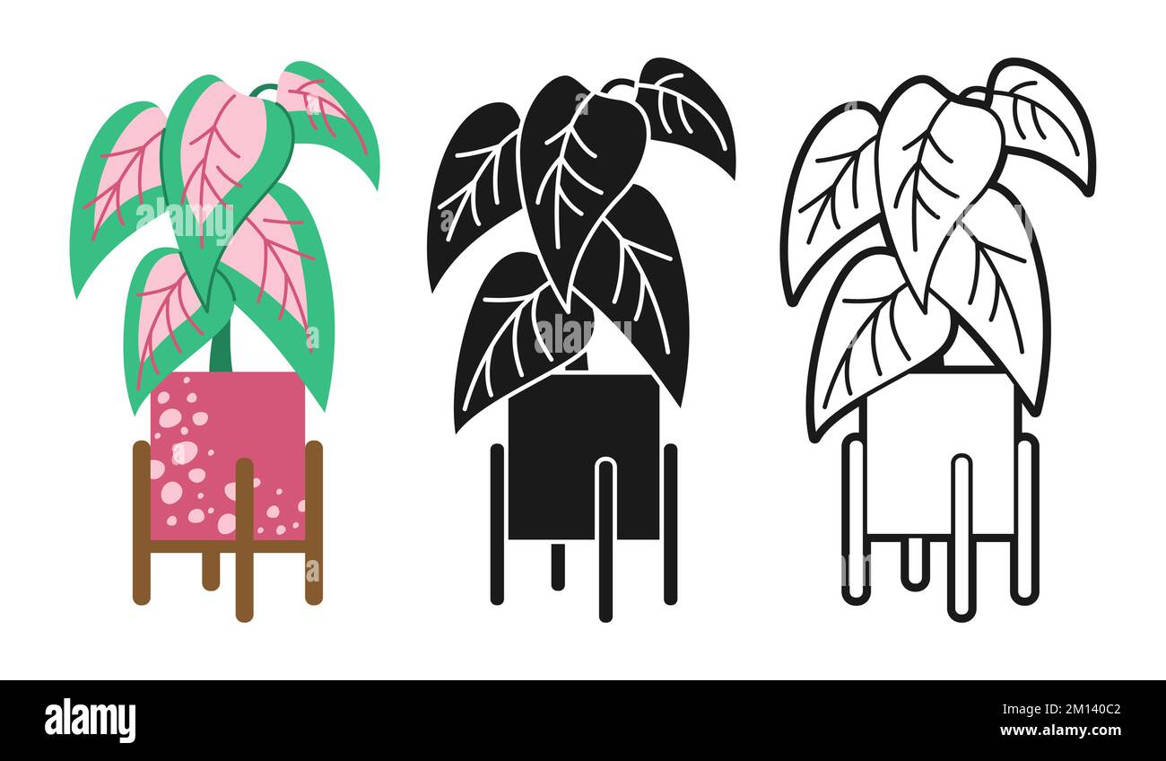 Zimmerpflanze im Topf, dekoratives gemütliches Cartoon-Set. Exotische Zimmerpflanzen Blumentopf für den Innenbereich. Botanische Keramik-Topfpflanzen Doodle, Line Icon oder Silhouette-Kollektion. Isolierter flacher Vektor Stock Vektor