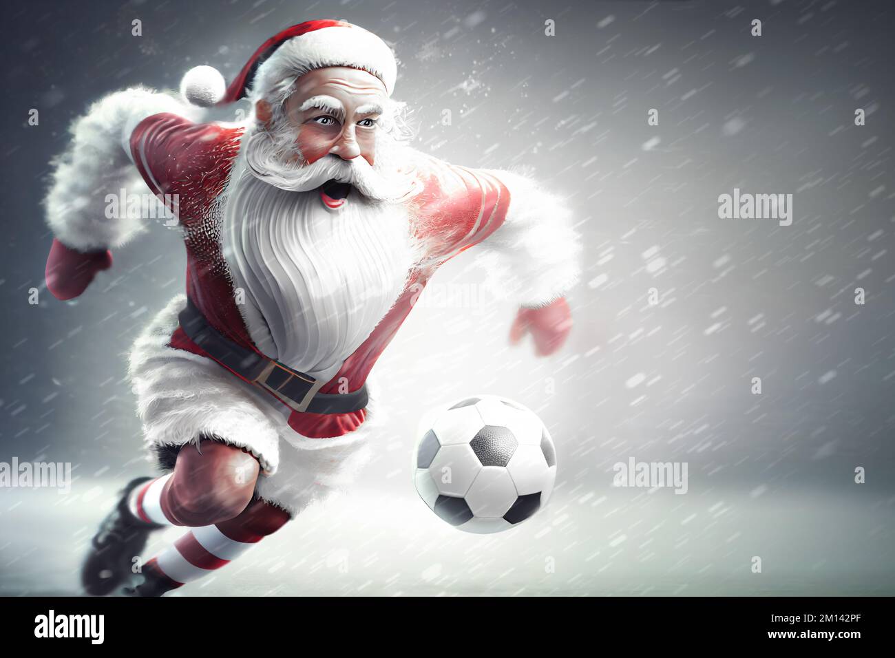 Der Weihnachtsmann ist ein Fußballspieler, der Fußball spielt und im Schnee über ein Fußballfeld läuft und mit einem Fußball spielt Stockfoto