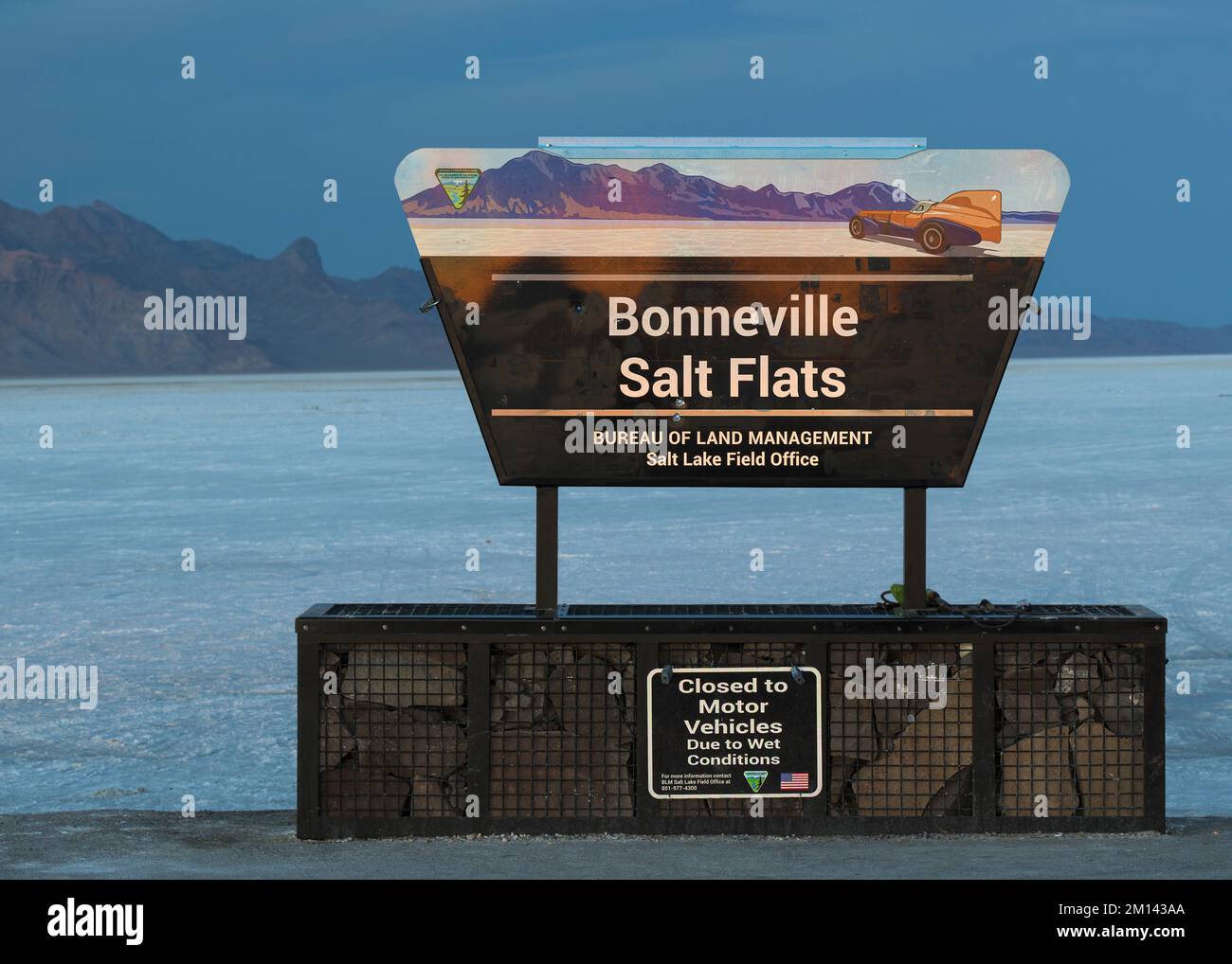 Schild „Bonneville Salt Flats“ in der Nähe von Wendover, Utah Stockfoto