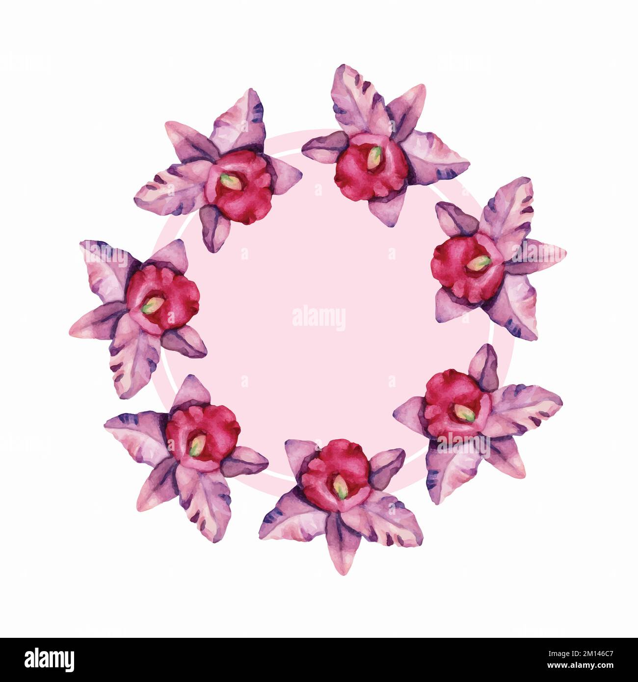 Orchideenkranz, runder Rahmen. Vorlage mit pinkfarbenem Blumendesign und Aquarell-Orchideenblumen. Darstellung der Vektorwasserfarben Stock Vektor