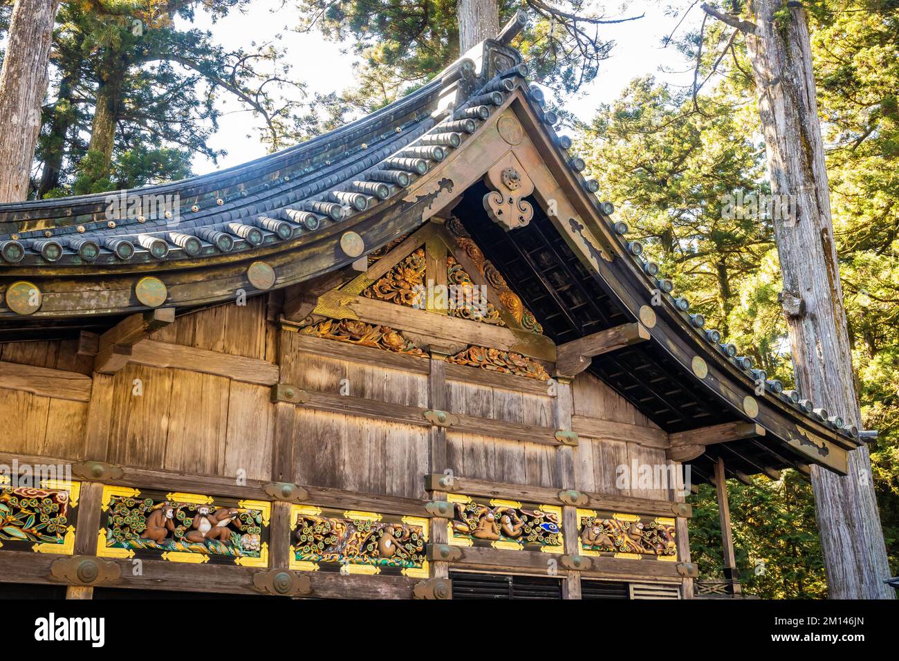 Der Tree Monkeys-Schrein im Toshogu-Komplex in Nikko Japan am Tag Stockfoto