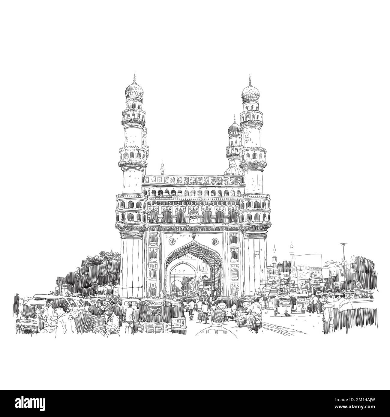 Charminar Hyderabad India, Illustration oder Skizze, handgezeichnete Illustration, Illustration auf weißem Hintergrund Indische Touristenattraktion Charminar Mahal Stockfoto