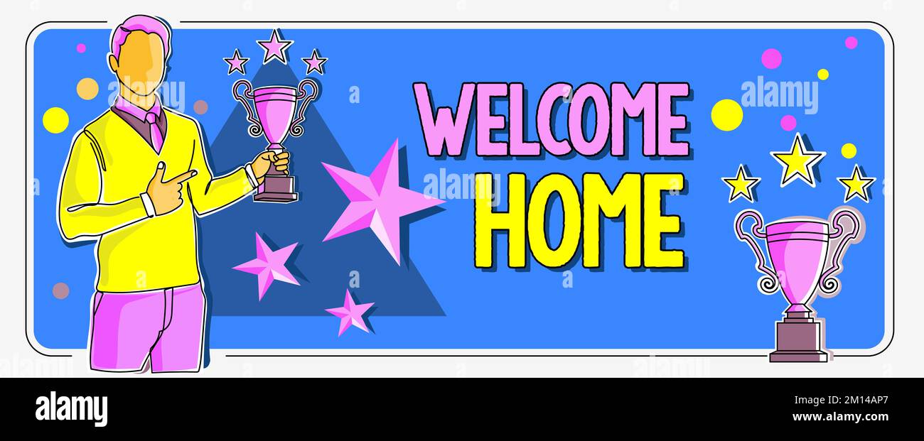 Textzeichen mit „Willkommen zu Hause“. Geschäftsidee Ausdruck Grüße Neue Besitzer Wohnsitz Türmatte Eintritt Stockfoto