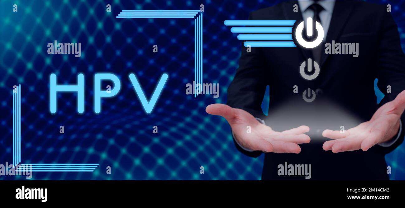 Text mit Inspirations-HPV. Wort für Gruppe von Viren, die Ihre Haut und die feuchten Membranen beeinflussen Stockfoto