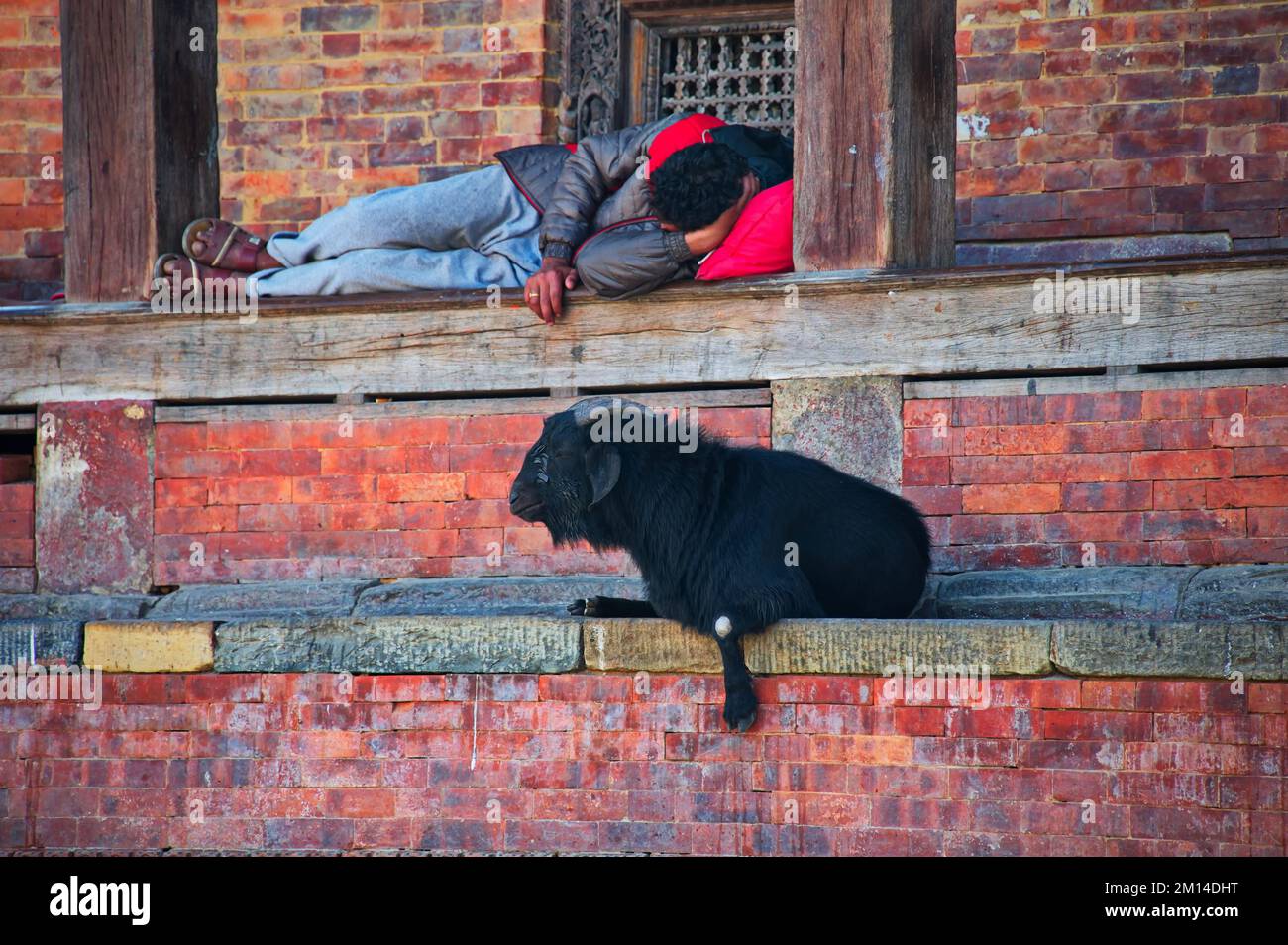 Obdachlose, die auf der Mauer des Tempels in Kathmandu, Nepal, schlafen Stockfoto