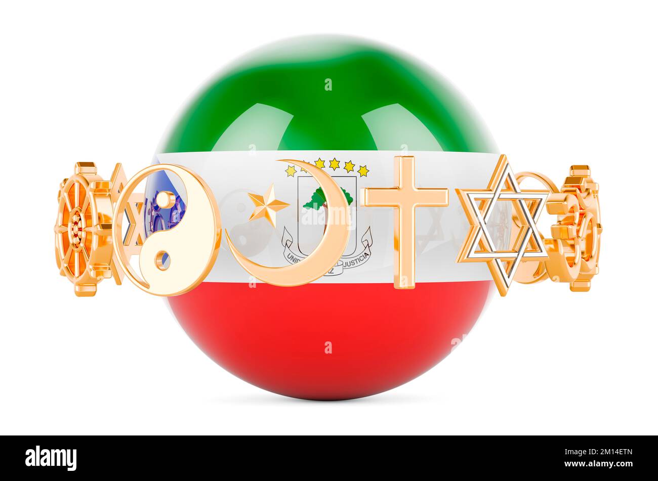 Die Flagge Äquatoguineas ist auf einer Kugel mit Religionssymbolen gezeichnet, 3D wird auf weißem Hintergrund isoliert dargestellt Stockfoto
