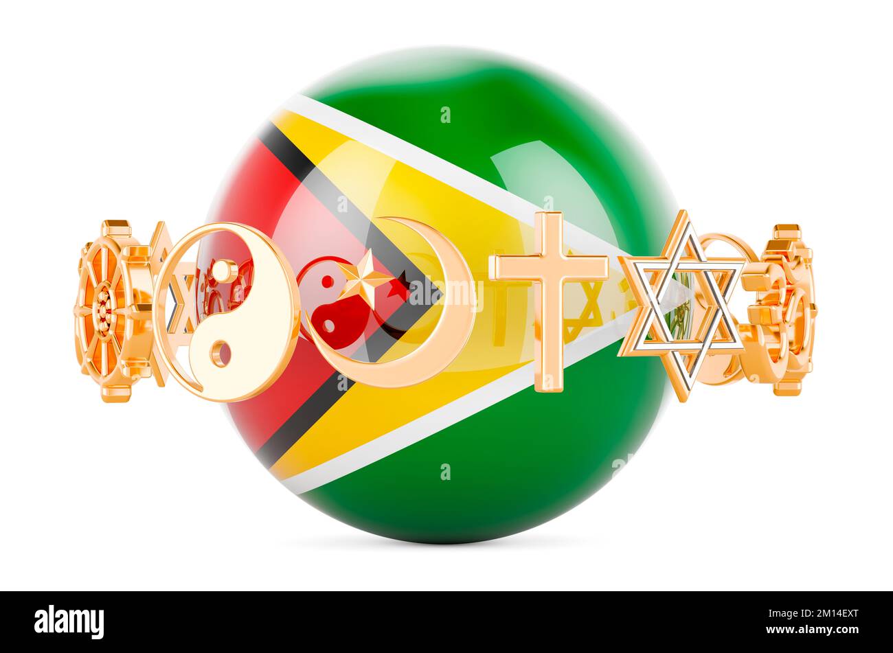 Die guyanische Flagge ist auf einer Kugel mit Religionssymbolen gezeichnet, 3D wird isoliert auf weißem Hintergrund dargestellt Stockfoto