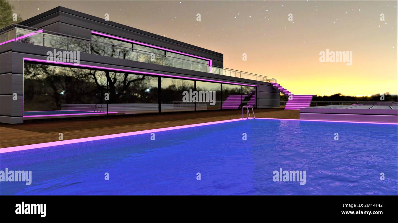 Ein fabelhafter Abend auf der Dachterrasse mit Swimmingpool. Malerischer Sonnenuntergang im Hintergrund. 3D-Rendering. Stockfoto