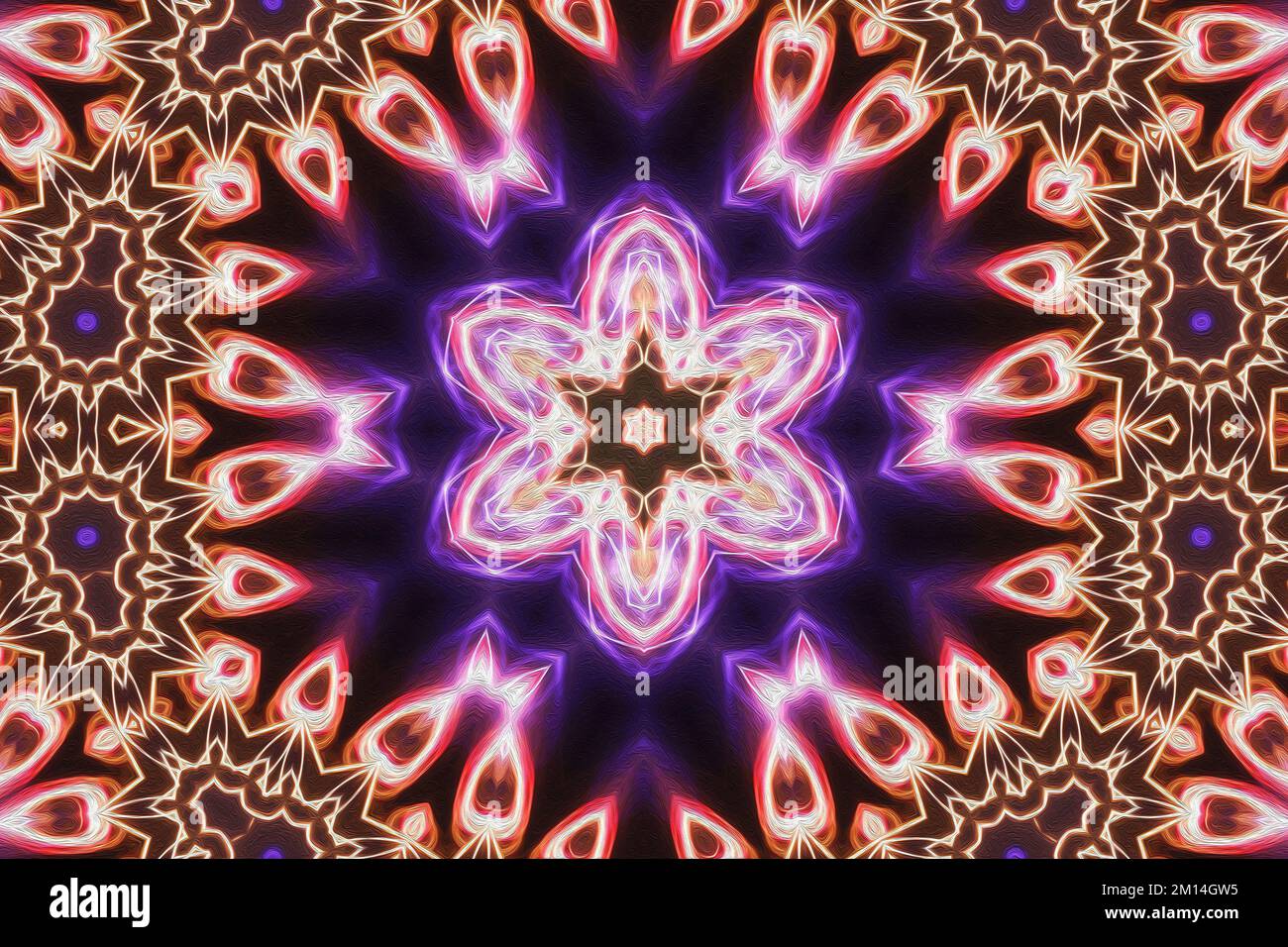 Magische mystische Fantasie fraktal. Esoterische Neon-leuchtende geometrische Mandala. Kaleidoskopischer Hintergrund. Stockfoto