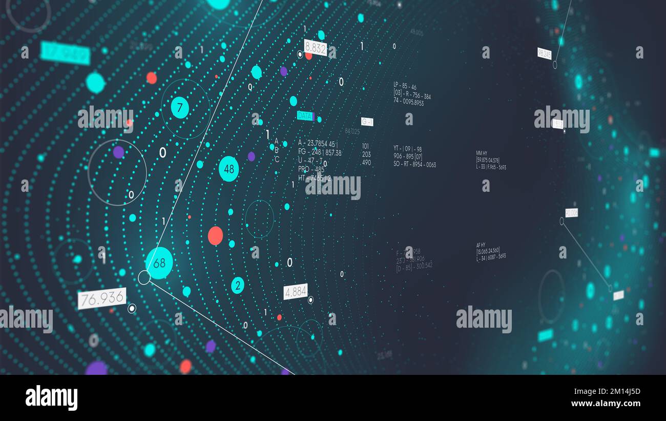 Digitale Informationsfluss-Visualisierung, futuristisches neuronales Netzwerk-Streaming von Big-Data-Strukturierung und -Analyse, virtuelle Datenbankverarbeitung Wissenschaft, Stockfoto