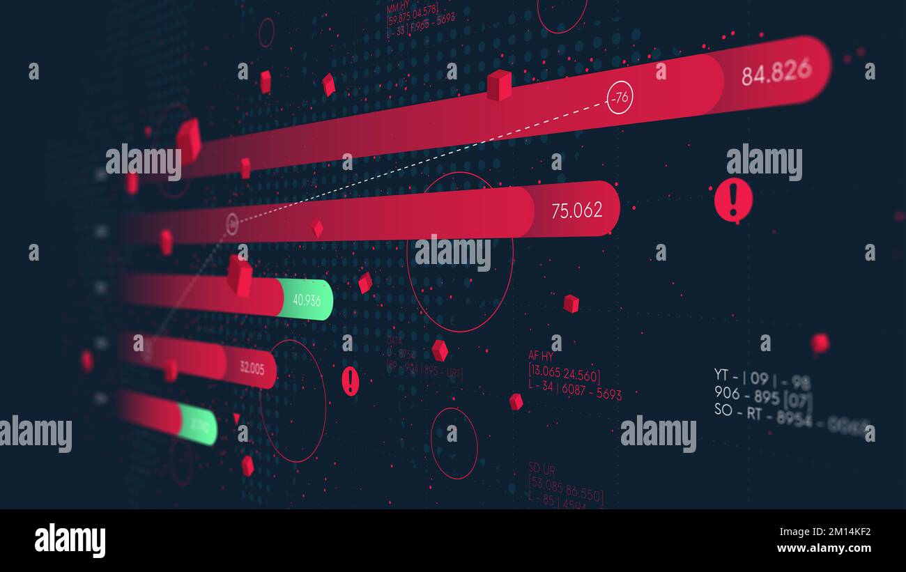 Visualisierung von vertikalen Finanzspalten, Analyse und Analyse von Wirtschaftsberichten nach Jahren, Hintergrund der Weltkarte, Monitor-Bildschirm in Persp Stockfoto