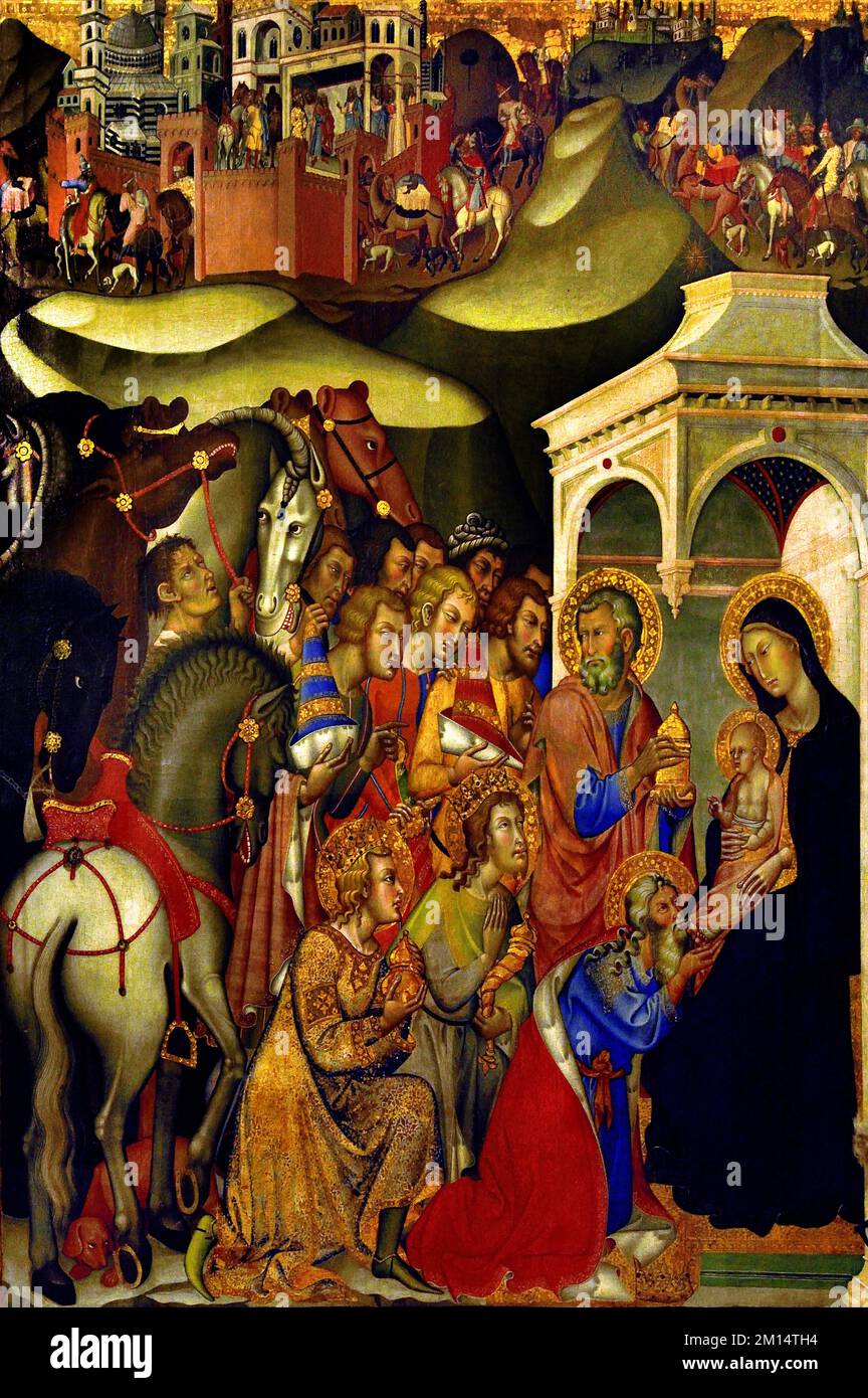 Bartolo di Fredi, Adoration of the Magi, christliche Kunst, Italien, Italienisch. ( Adoration, Magi, Adoration der Könige , Geburt Jesu, drei Magi, vertreten als Könige, fanden Jesus, indem sie einem Stern folgten, lagen vor ihm Geschenke von Gold, Weihrauch, Myrrrhe, beten ihn an, Balthazar König von Arabien, Melchior König von Persien, Gaspar König von Indien, Melchior, König von Indien, Melchior, Gaspar, Balthasar, Weihnachten, Heilige Nacht, Zeugen der Geburt, Jesus in Bethlehem, ) Stockfoto